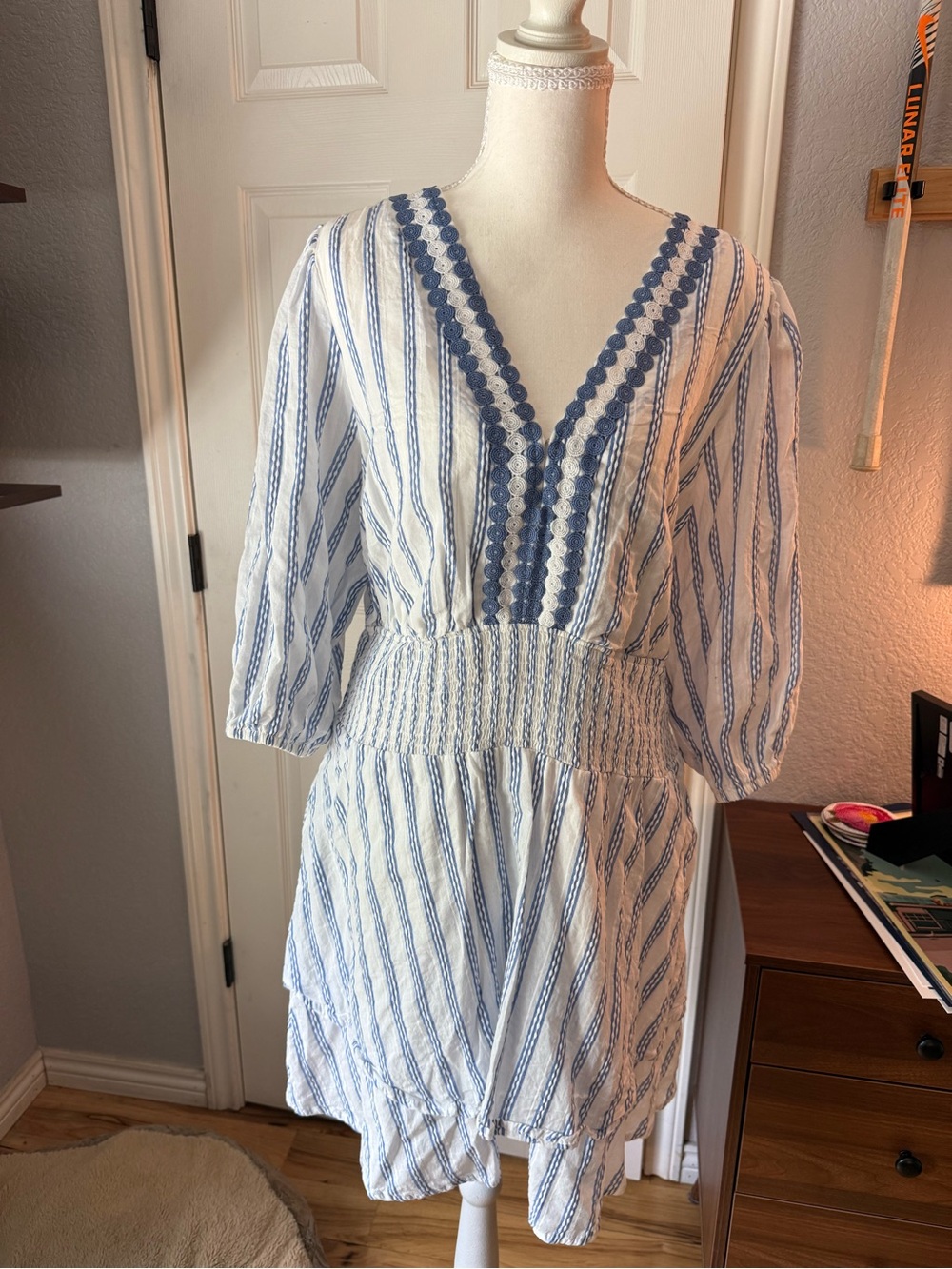 GibsonLook Striped V-Neck Smocked Dress in White and Blue
